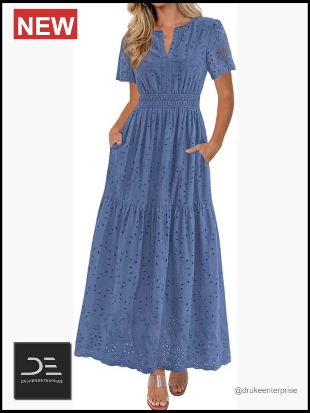Cotton Hollow Out Maxi Dress with Pockets - Short Sleeve V Neck